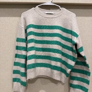Green and Cream Striped Women's Sweater